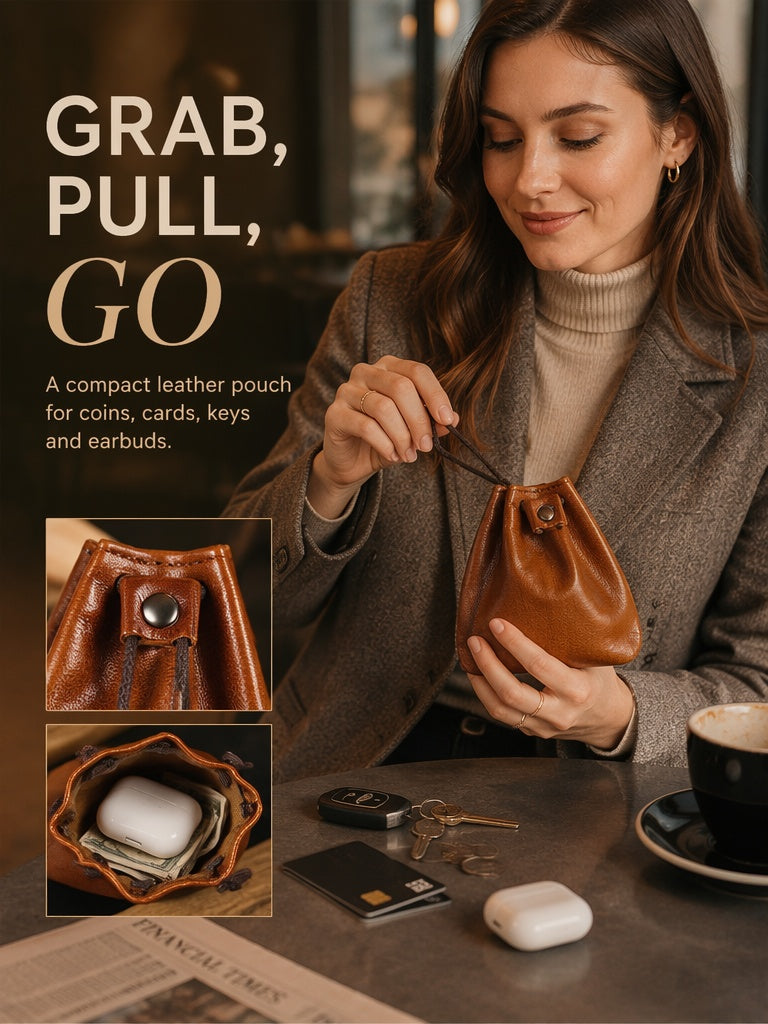 10PCS Handcrafted Waxed Leather Pouch, Vintage Style Drawstring Jewelry Organizer