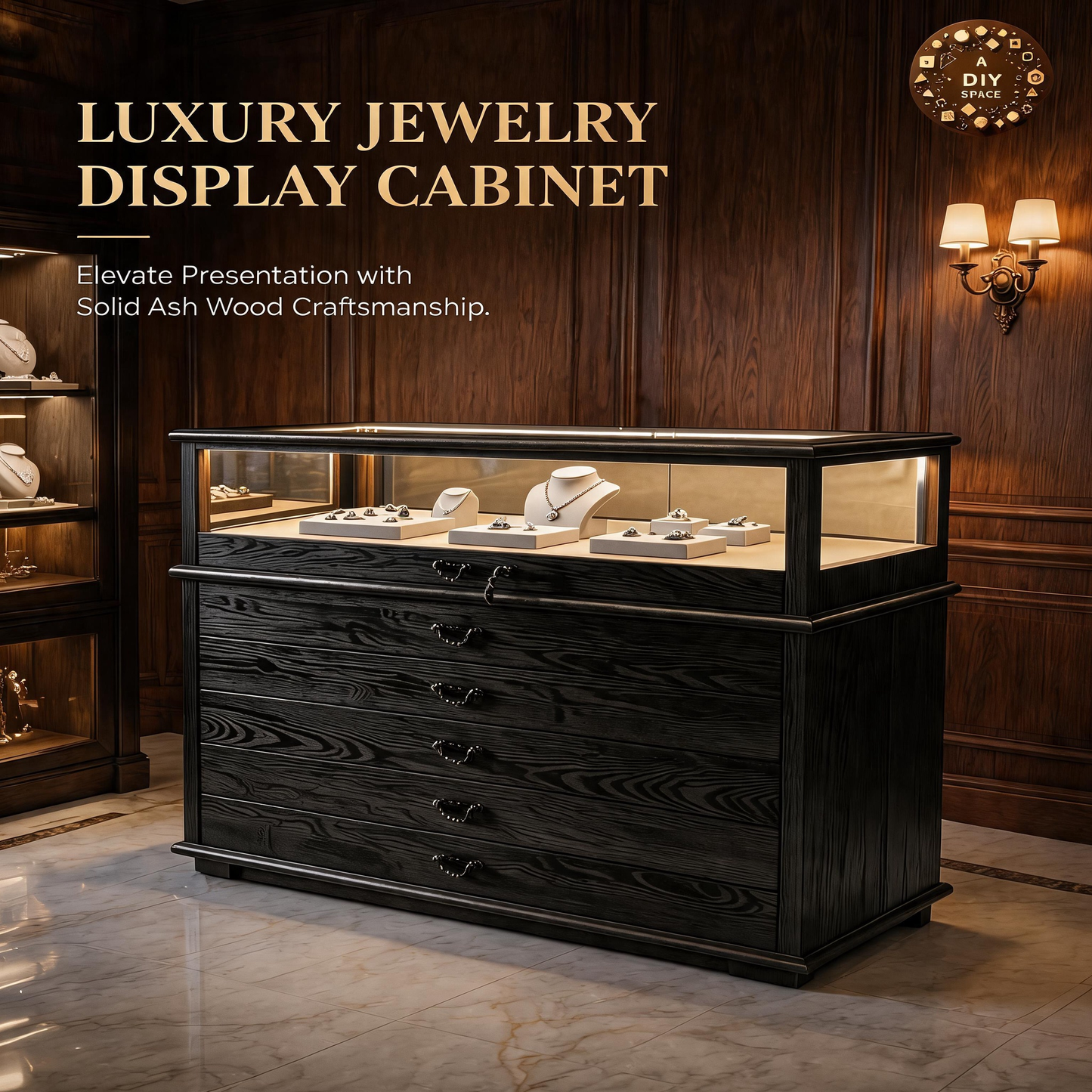 Handmade Ash Wood LED Jewelry Showcase - Illuminated Countertop Display Stand for Retail Jewelry cabinet