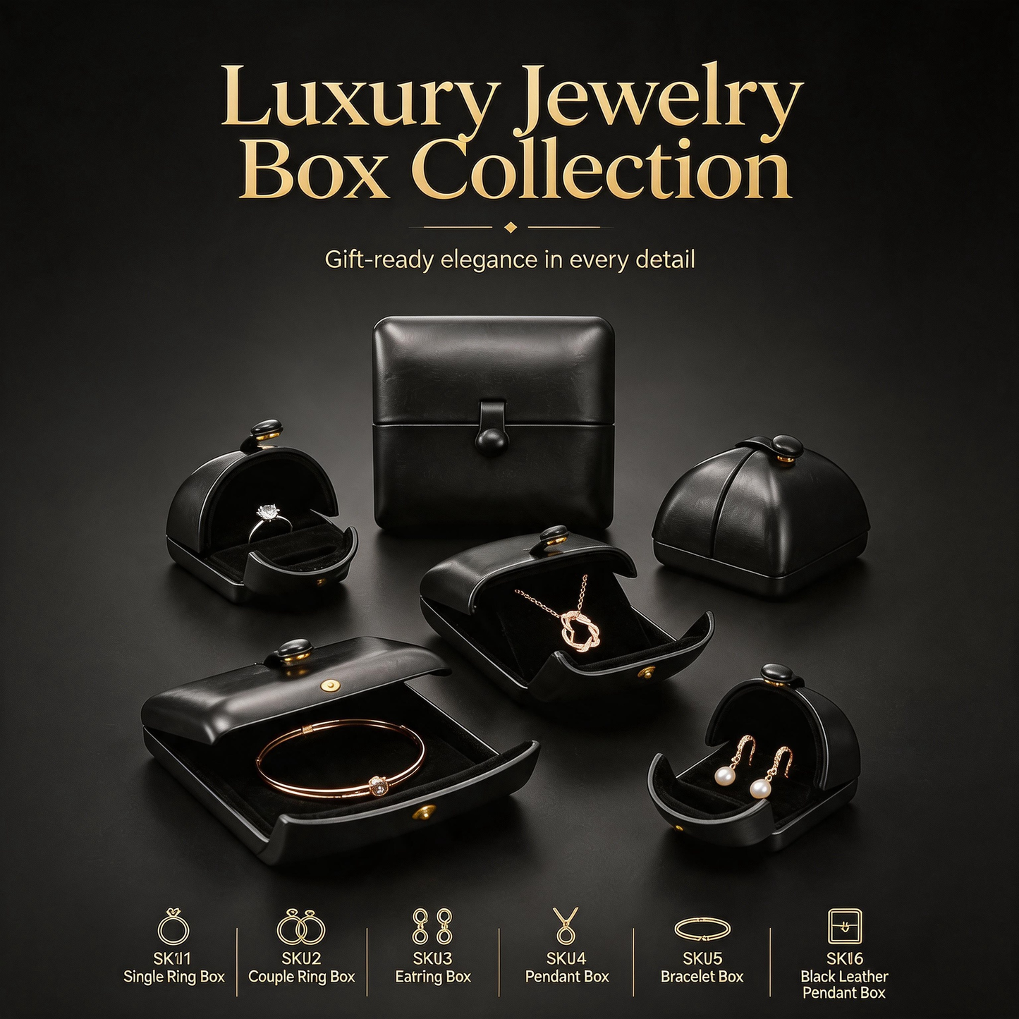 5PCS Black PU Leather Snap Jewelry Box, Faux Leather Ring Earring Bangle Pendant Case