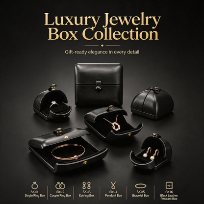 5PCS Black PU Leather Snap Jewelry Box, Faux Leather Ring Earring Bangle Pendant Case