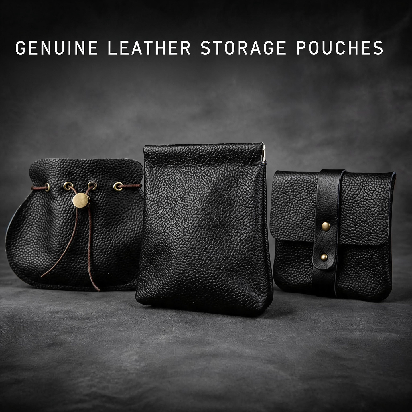 5pcs Genuine Leather Storage Pouch, Waterproof Pebble Cowhide Bag, Snap Drawstring Zipper Closure, Jewelry Organizer