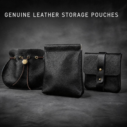 5pcs Genuine Leather Storage Pouch, Waterproof Pebble Cowhide Bag, Snap Drawstring Zipper Closure, Jewelry Organizer