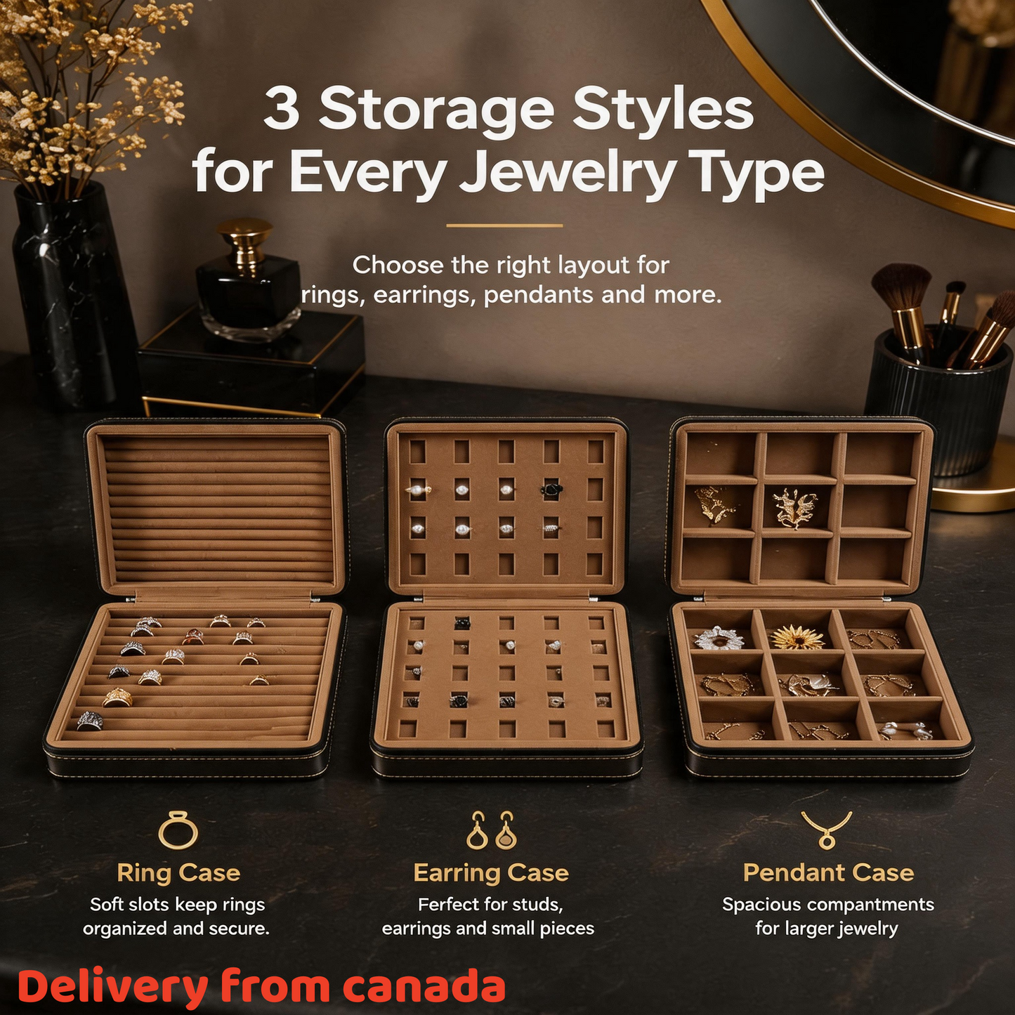 Black PU Leather Jewelry Organizer, Zippered Travel Case, Velvet Insert (Ring, Pendant Styles)