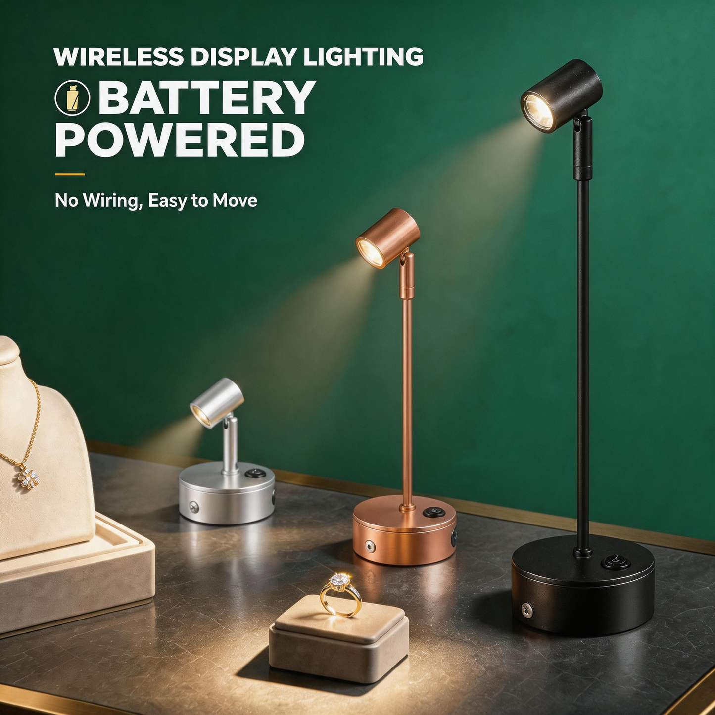 Battery-Powered LED Spotlight for Jewelry Display, Cordless Rechargeable Countertop Spot Lamp for Showcase