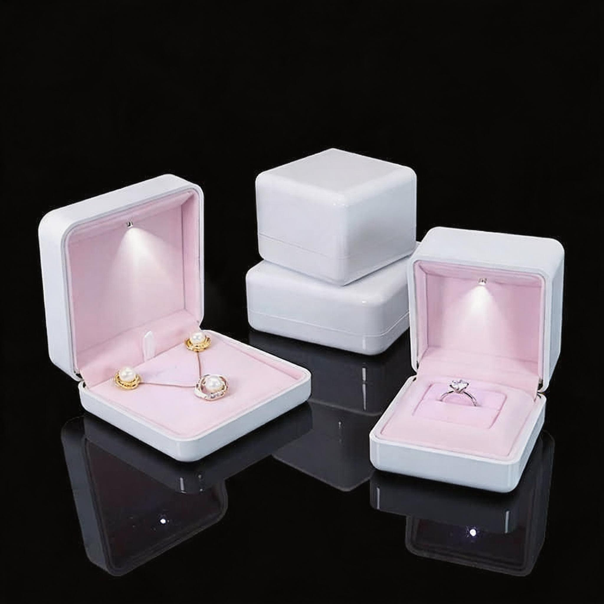 5pcs White LED Jewelry Box with Pink Velvet Interior for Ring and Necklace