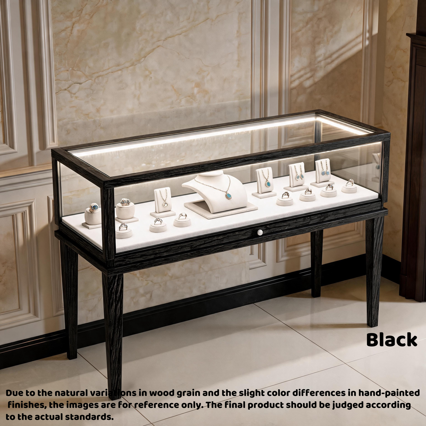 Solid Ash Wood Jewelry Display Cabinet, Adjustable LED Lighting, Retail Presentation Showcase