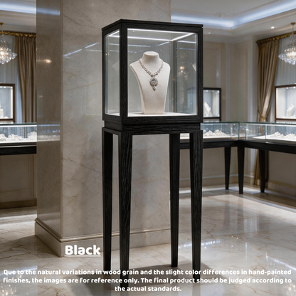 Luxury Wood Glass Display Cabinet, 360° LED Lighted Pedestal Showcase for Boutiques
