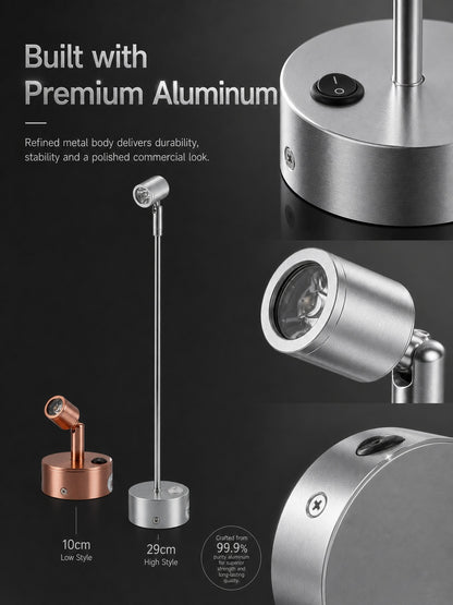Wireless LED Spotlight for Jewelry Display, Rechargeable Countertop Spot Lamp
