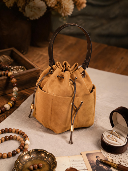 Handcrafted Suede Drawstring Pouch, 4-Section Jewelry Organizer, Anti-Tangle Bead Storage Bag with Leather Handle