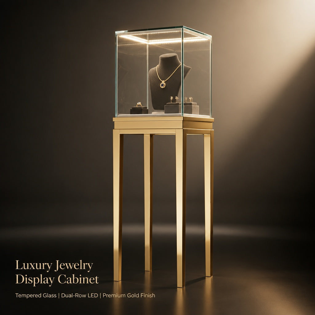Stainless steel Luxury Jewelry Display Cabinet, Tempered Glass, Dual-Row LED, Gold Finish