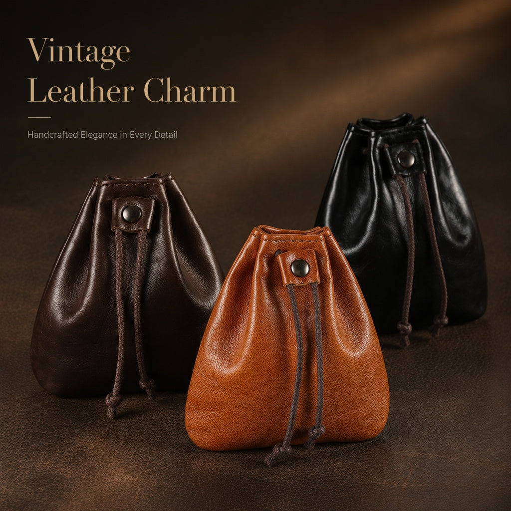 10PCS Handcrafted Waxed Leather Pouch, Vintage Style Drawstring Jewelry Organizer