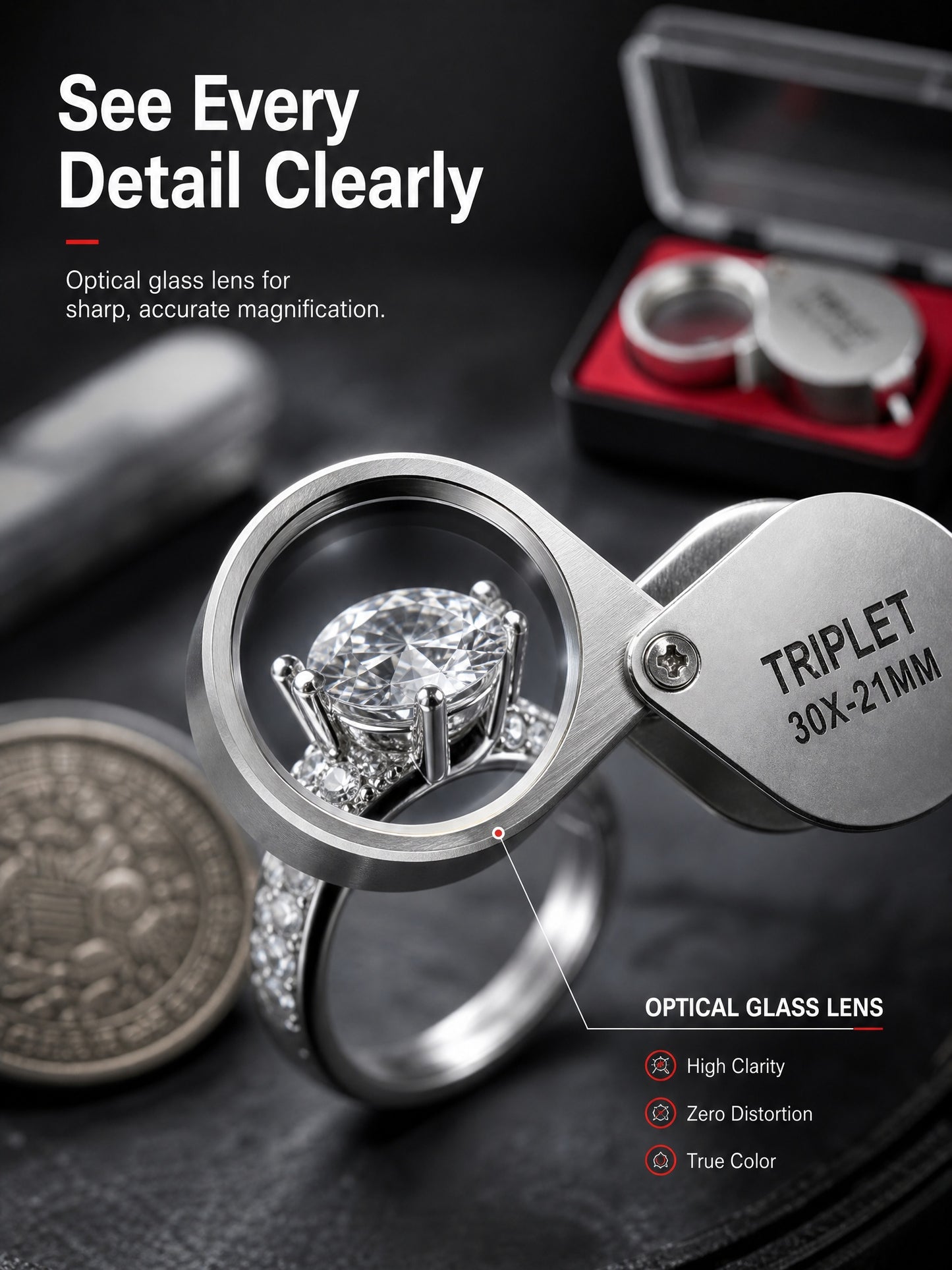3PCS Jewelry Loupe Magnifier, Triplet Optical Glass, 10X 20X 30X Gemstone Inspection Tool