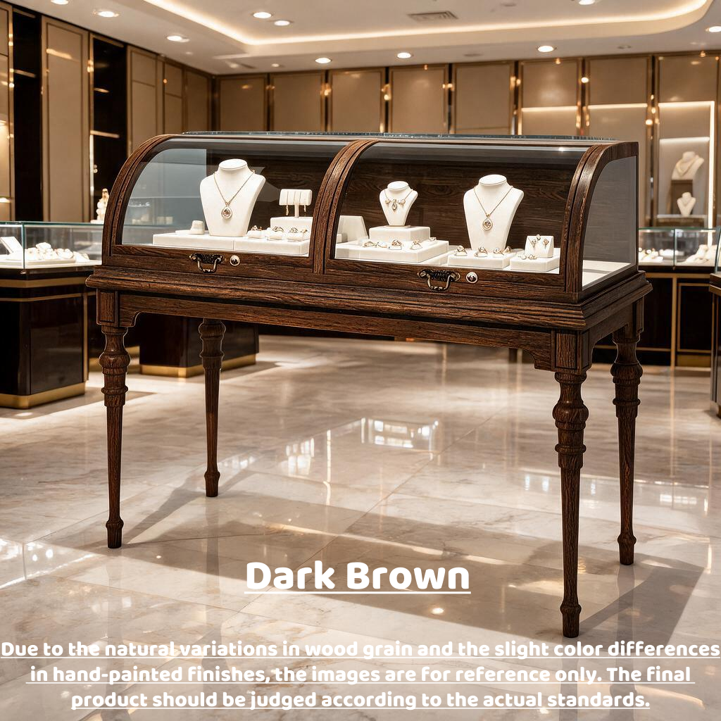 Lighted Wood Jewelry Display Case, Glass Curved Retail Showcase, Antique Store Fixture Cabinet