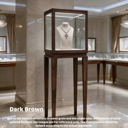Luxury Wood Glass Display Cabinet, 360° LED Lighted Pedestal Showcase for Boutiques