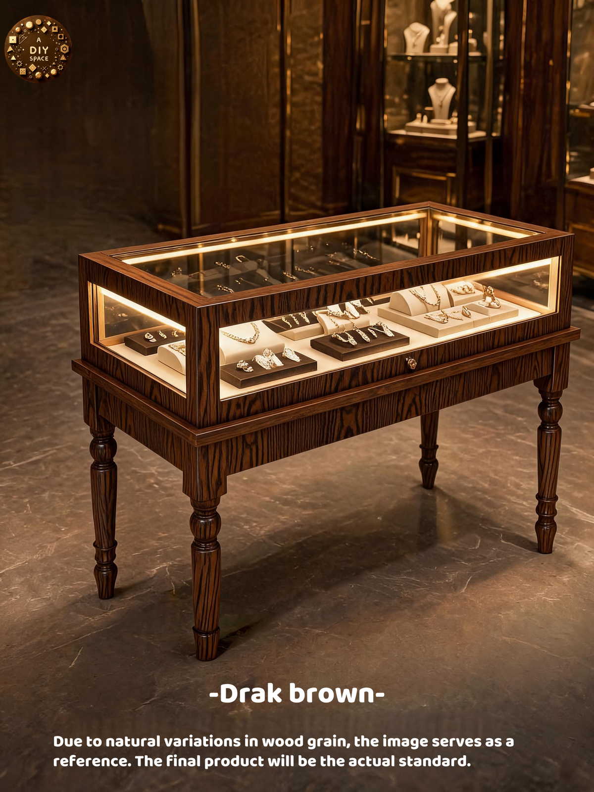 Solid Wood Jewelry Showcase – Vintage Style Display Cabinet with LED Lighting