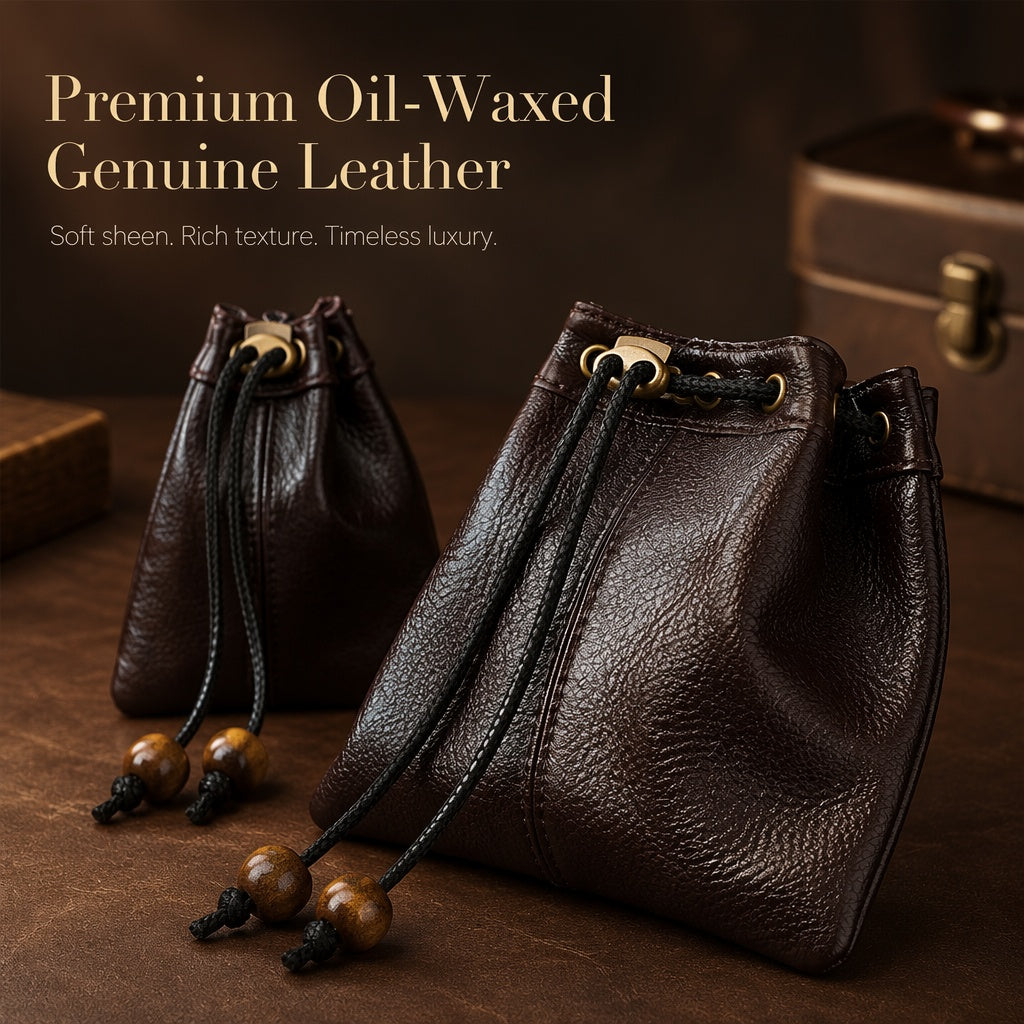 5pcs Waxed Leather Drawstring Pouch, Top-Grain Cowhide Snap Bag, Vintage Coin Jewelry Organizer, EDC Travel Storage