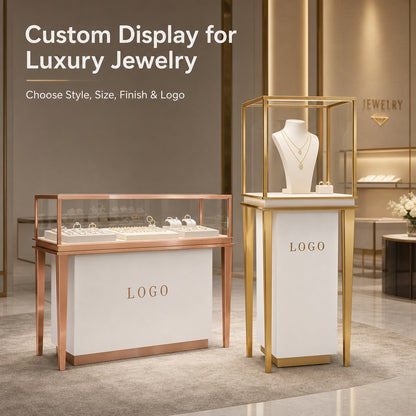 Stainless Steel Jewelry Display | Electroplated Metal Showcase with Glass Top & Logo Option for Boutiques