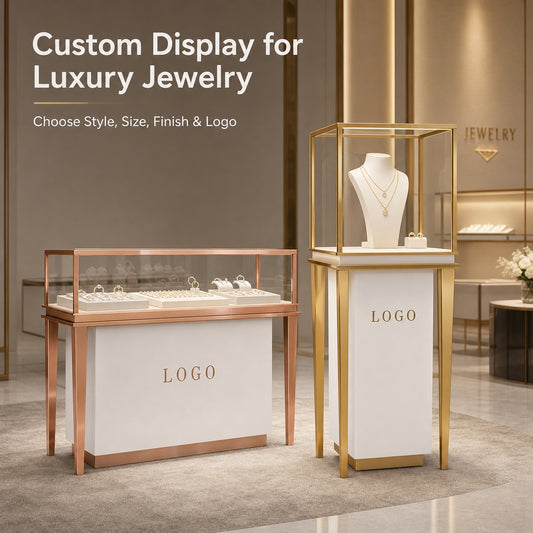 Stainless Steel Jewelry Display | Electroplated Metal Showcase with Glass Top & Logo Option for Boutiques