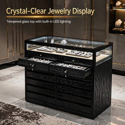 Solid Ash Wood Jewelry Display Case – Tempered Glass, LED Lighting, Lockable Drawers