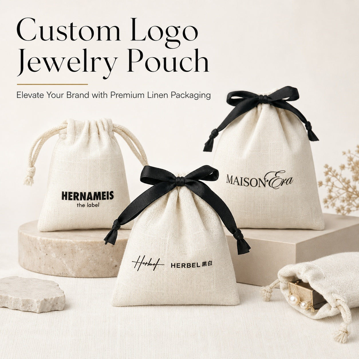 100PCS Custom Logo Cotton Jewelry Pouches, Personalized Drawstring Gift Bags