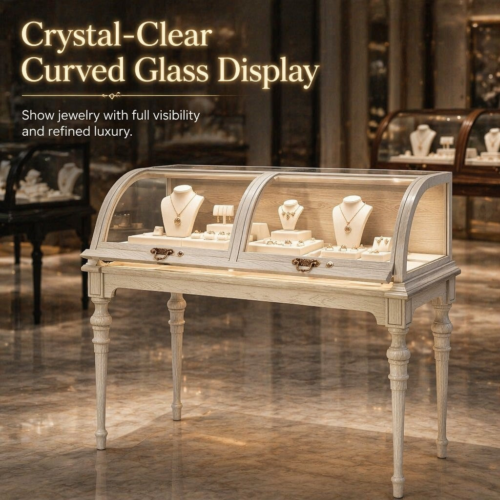 Lighted Wood Jewelry Display Case, Glass Curved Retail Showcase, Antique Store Fixture Cabinet