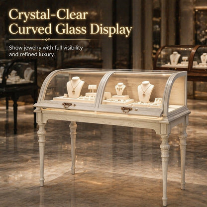 Lighted Wood Jewelry Display Case, Glass Curved Retail Showcase, Antique Store Fixture Cabinet