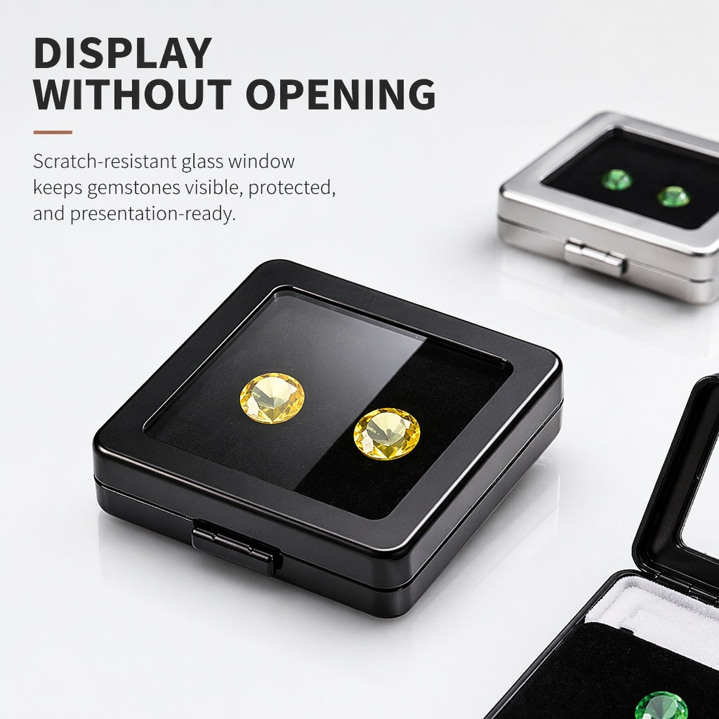Metal Gemstone Display Box for Loose Stones, Silver-Plated Storage, Self-Locking Snap, Glass Top