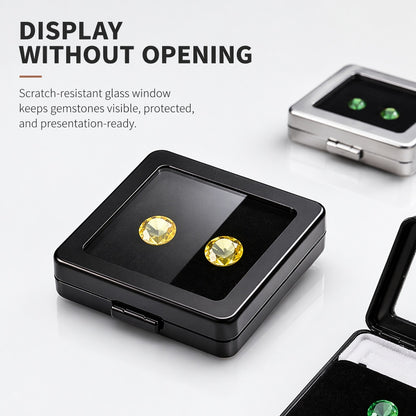 Metal Gemstone Display Box for Loose Stones, Silver-Plated Storage, Self-Locking Snap, Glass Top