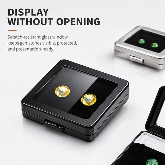 Metal Gemstone Display Box for Loose Stones, Silver-Plated Storage, Self-Locking Snap, Glass Top