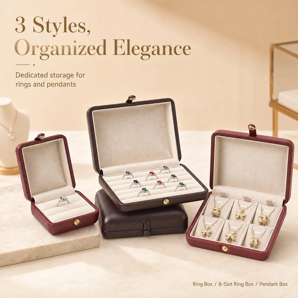 PU Leather Jewelry Box, Travel Ring Pendant Organizer, 8-Slot Snap Display Case Jewelry Supplies