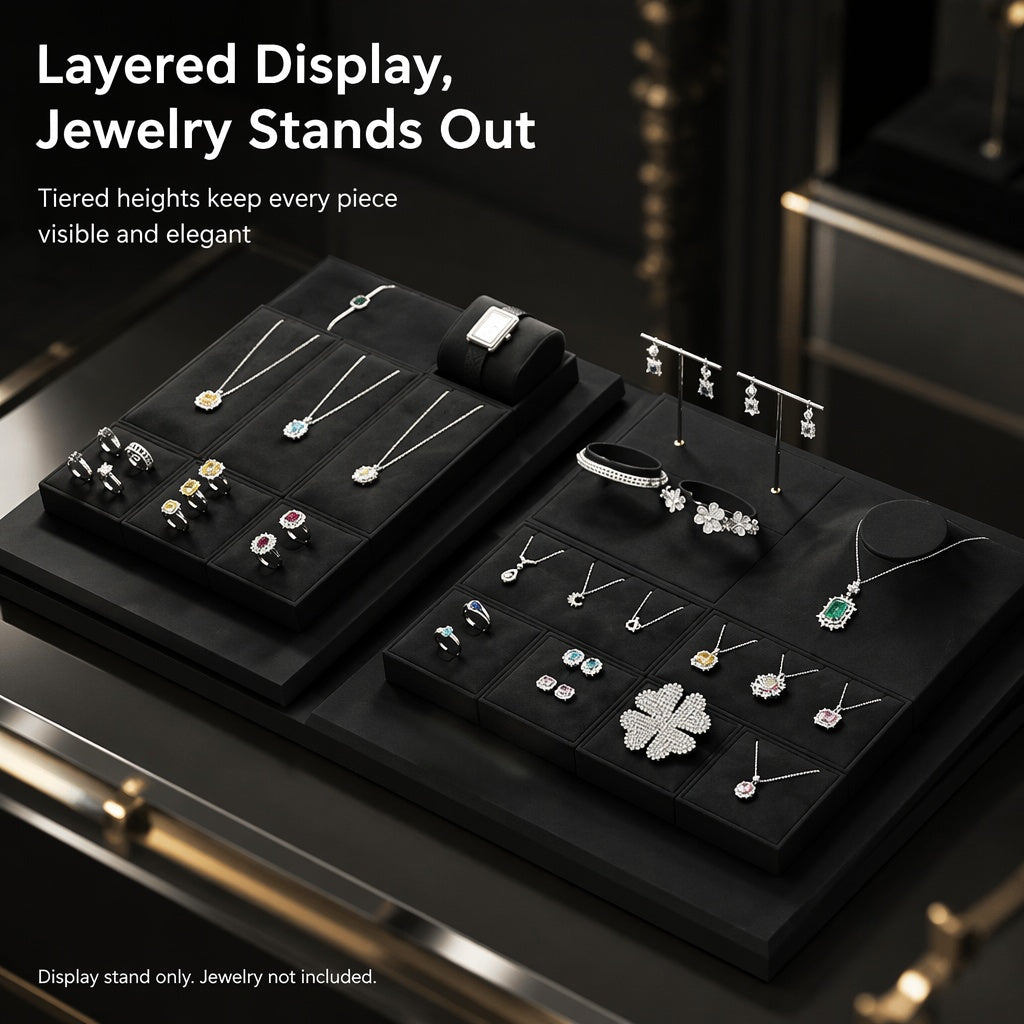 5pcs Black Suede Jewelry Display Stand Set, Modular Necklace Ring Organizer Trays