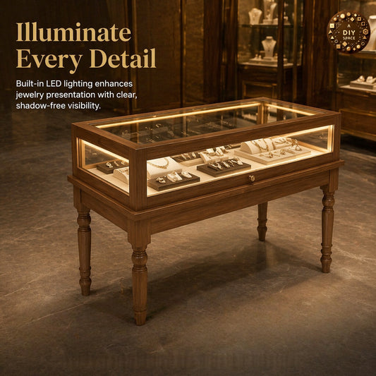 Solid Wood Jewelry Showcase – Vintage Style Display Cabinet with LED Lighting