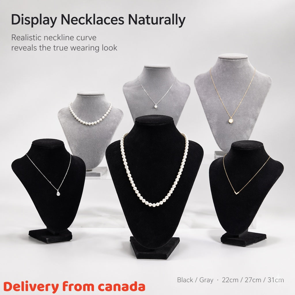 Velvet Necklace Display Bust, Tabletop Jewelry Stand for Pearls, Black Gray Set