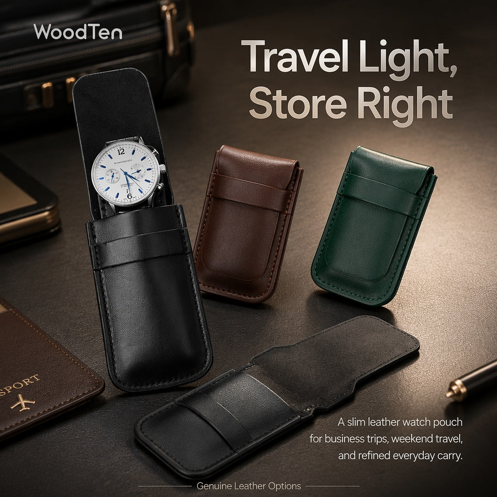 Slim Leather Watch Pouch, Travel Wristwatch Storage Holder, Business Accessory