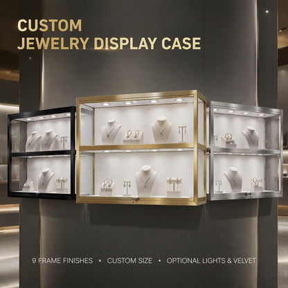 Gold Wall-Mounted Jewelry Display Case with LED Lights & Lock, 2-Tier Stainless Steel Electroplated Showcase Cabinet for Retail Boutiques