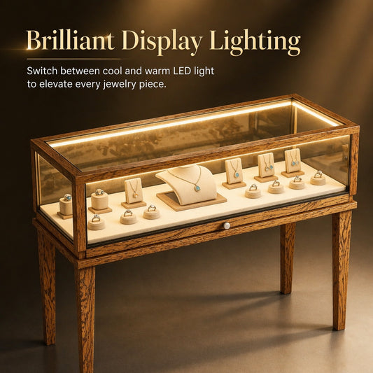 Solid Ash Wood Jewelry Display Cabinet, Adjustable LED Lighting, Retail Presentation Showcase