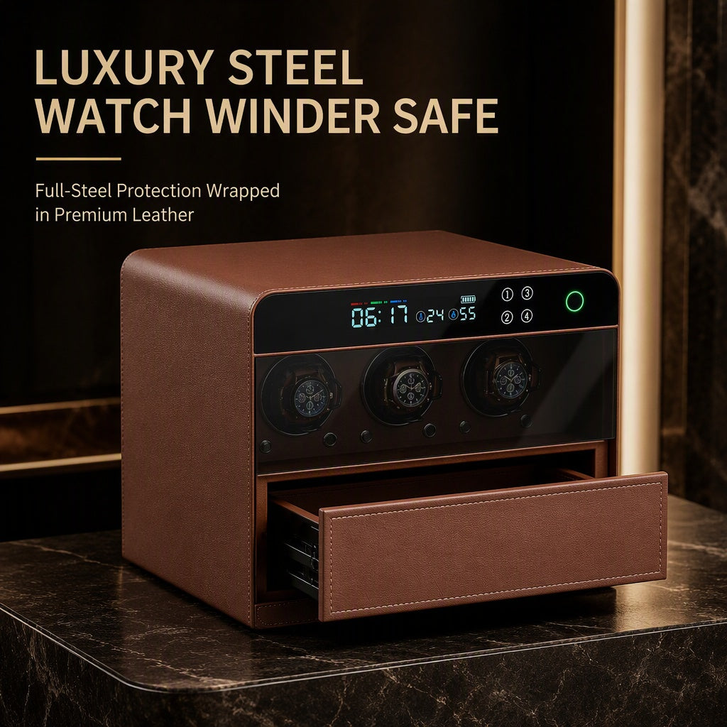 Luxury Leather Watch Winder Safe, Steel Security Case, 3-Slot Automatic Winder