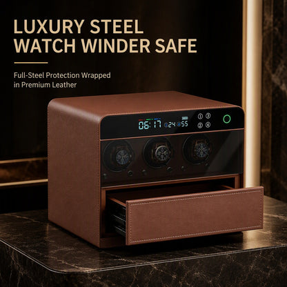 Luxury Leather Watch Winder Safe, Steel Security Case, 3-Slot Automatic Winder