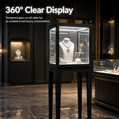 Luxury Wood Glass Display Cabinet, 360° LED Lighted Pedestal Showcase for Boutiques