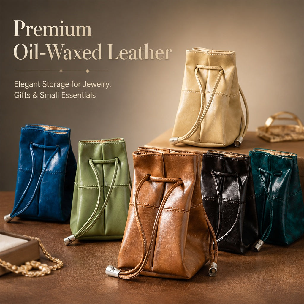 5pcs Oil-Waxed Leather Drawstring Pouch, Jewelry Travel Organizer, Star Hardware Bag