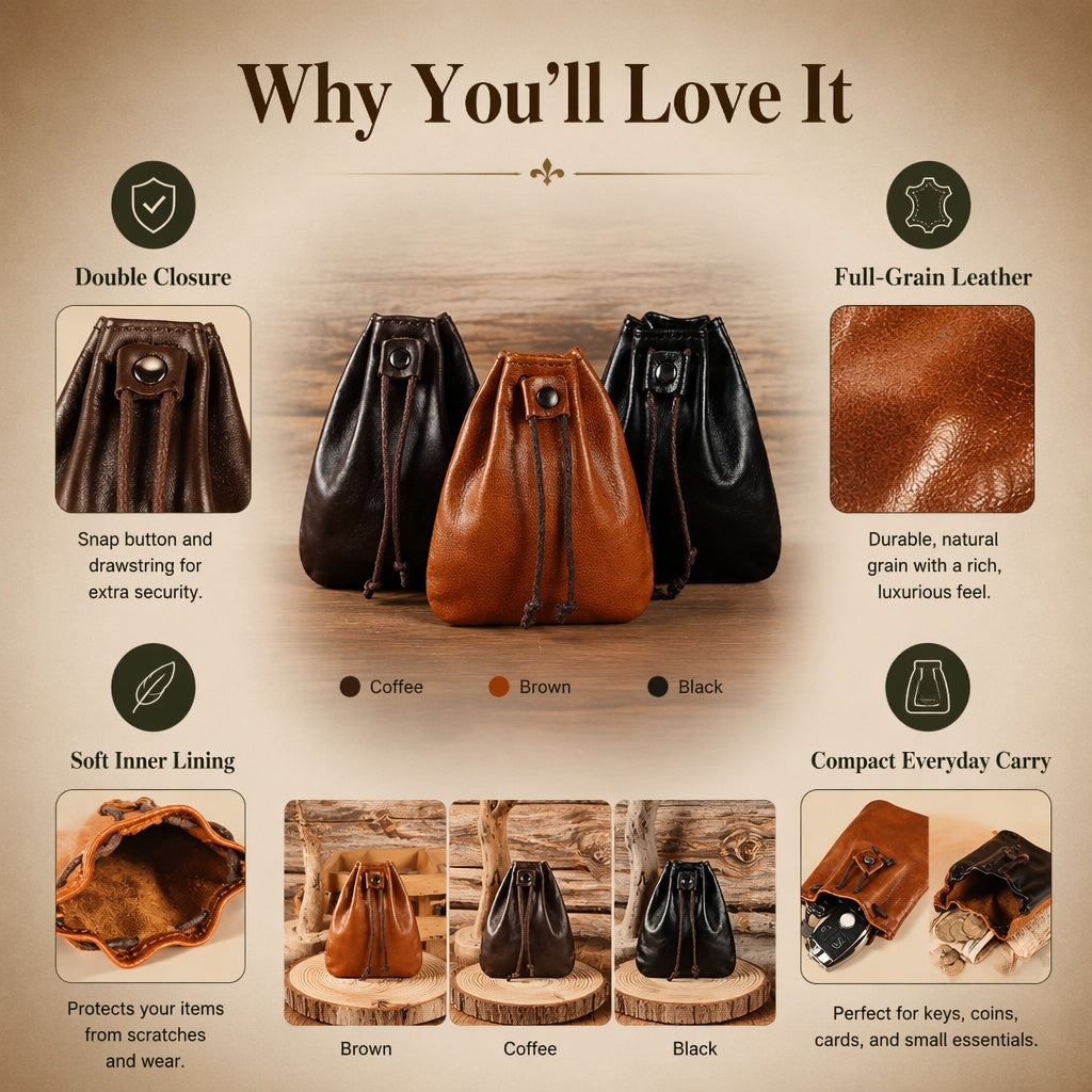 10PCS Handcrafted Waxed Leather Pouch, Vintage Style Drawstring Jewelry Organizer