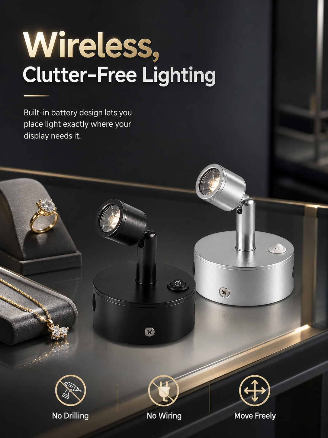 Wireless LED Spotlight for Jewelry Display, Rechargeable Countertop Spot Lamp