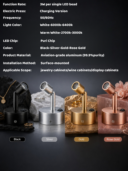 Wireless LED Spotlight for Jewelry Display, Rechargeable Countertop Spot Lamp