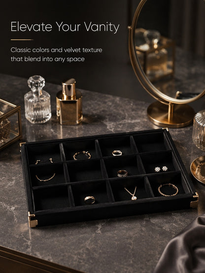 Velvet Jewelry Display Tray, Multi-Grid Storage Inserts for Rings, Gemstones, Craft Shows Retail Organizer