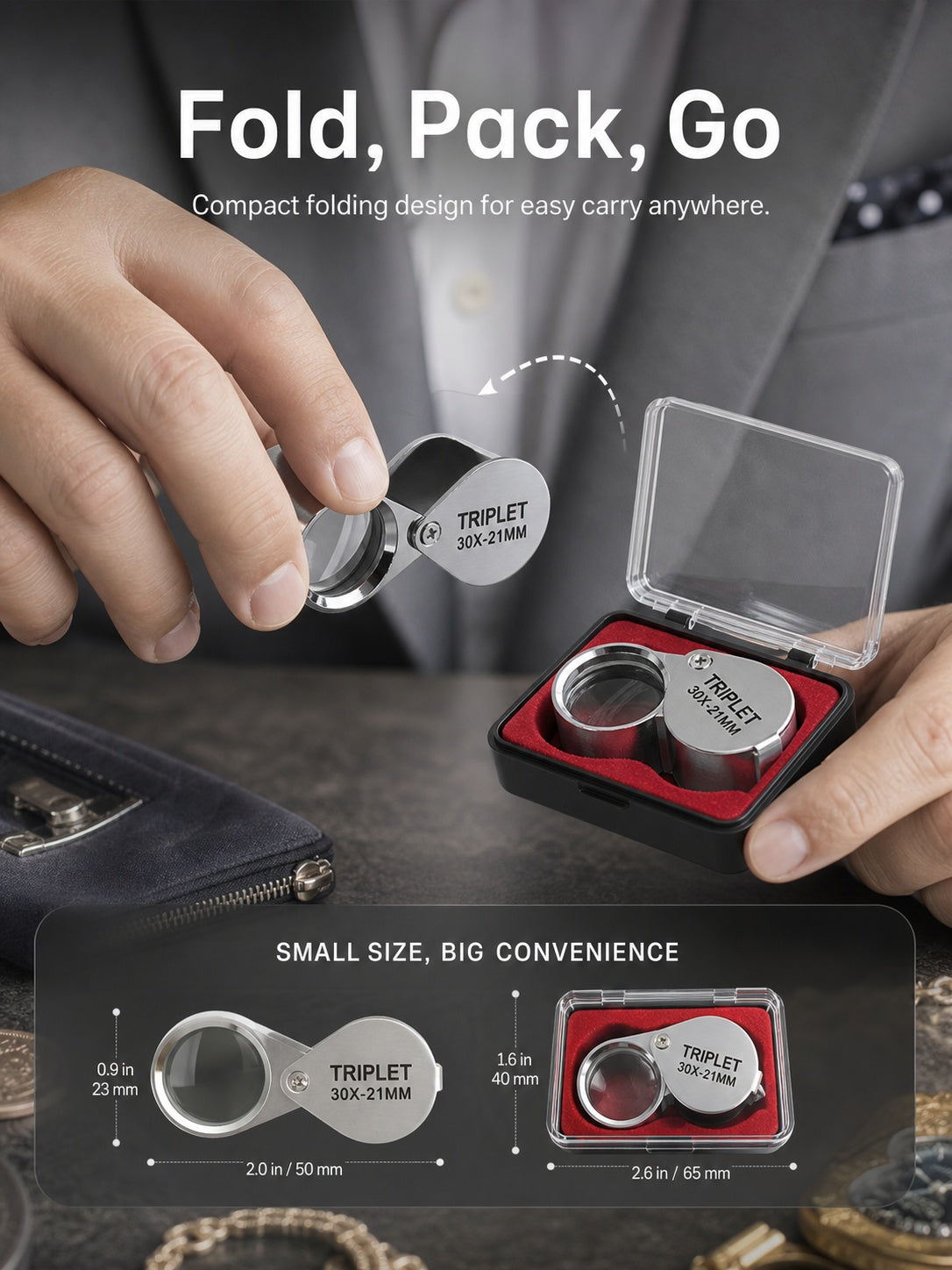 3PCS Jewelry Loupe Magnifier, Triplet Optical Glass, 10X 20X 30X Gemstone Inspection Tool