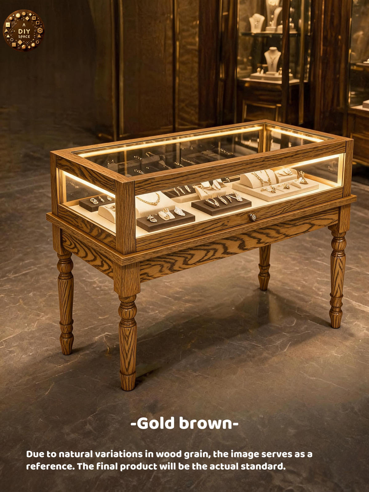 Solid Wood Jewelry Showcase – Vintage Style Display Cabinet with LED Lighting