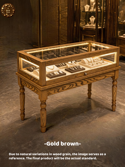 Solid Wood Jewelry Showcase – Vintage Style Display Cabinet with LED Lighting