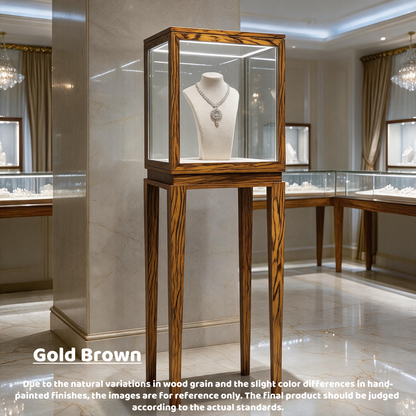 Luxury Wood Glass Display Cabinet, 360° LED Lighted Pedestal Showcase for Boutiques