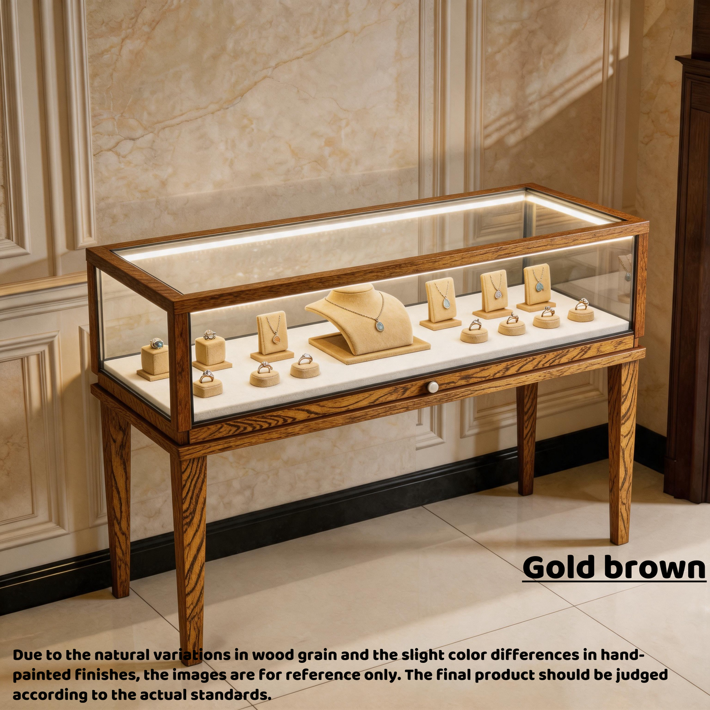 Solid Ash Wood Jewelry Display Cabinet, Adjustable LED Lighting, Retail Presentation Showcase