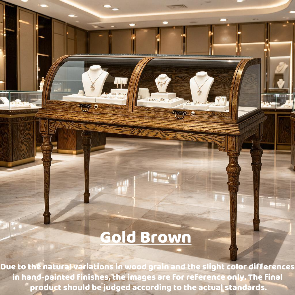 Lighted Wood Jewelry Display Case, Glass Curved Retail Showcase, Antique Store Fixture Cabinet